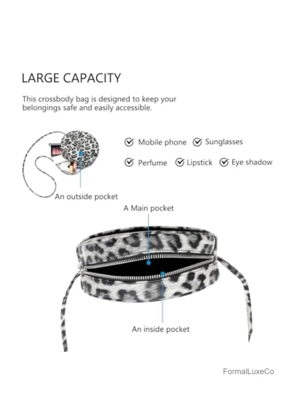 Round Crossbody Bag with Zipper, PU Leather Sling Purse